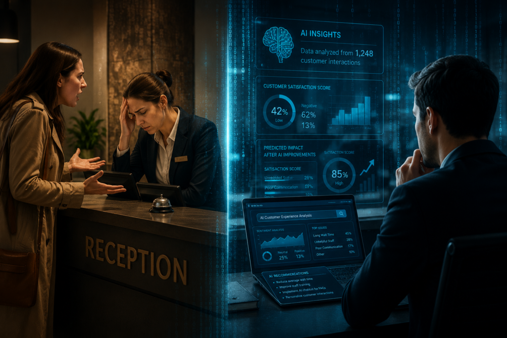 An upset customer at a reception desk contrasting with a digital dashboard showing how AI improves customer experience, sentiment analysis, and satisfaction metrics.